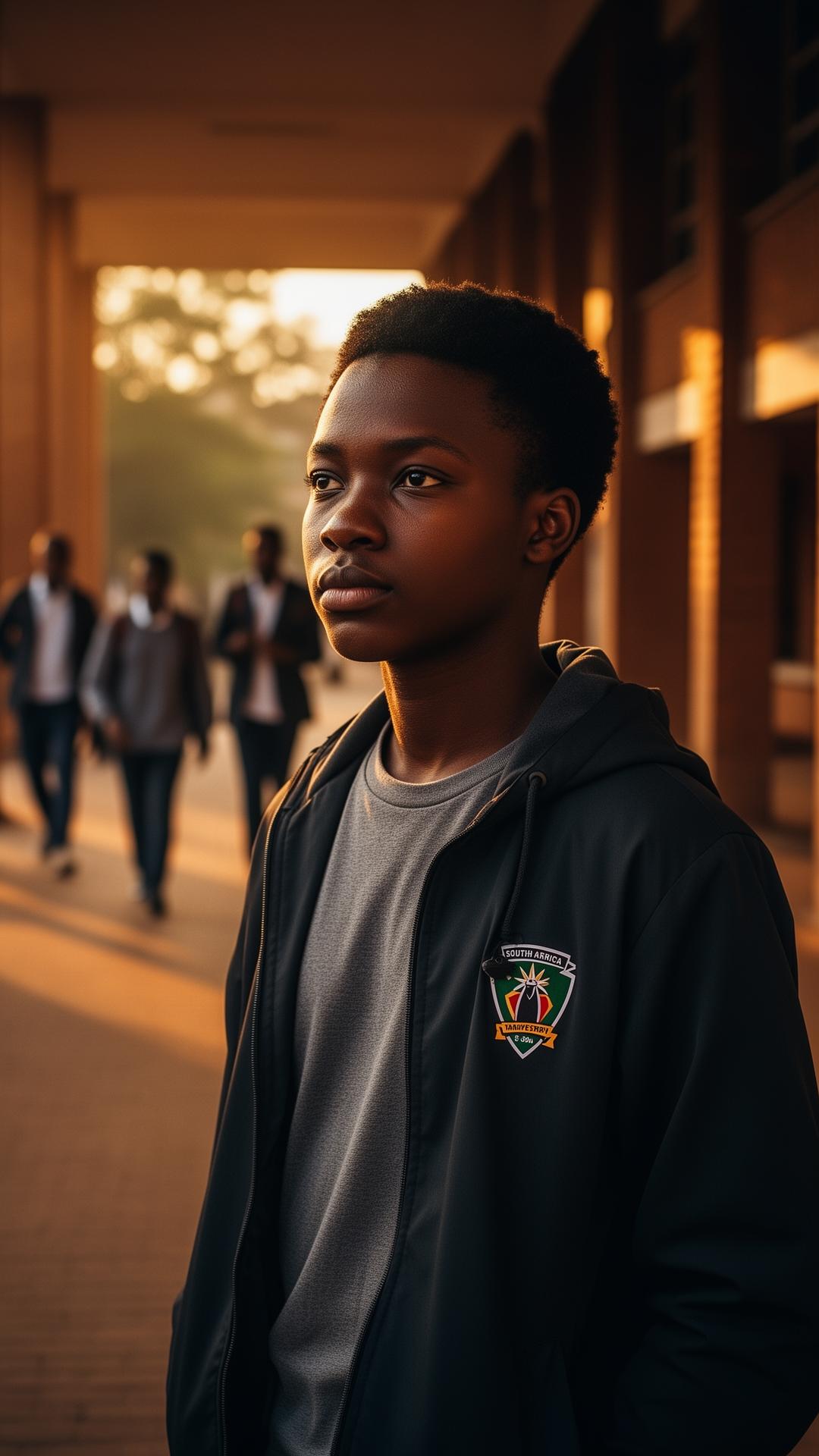 A South African university student standing at the entrance to a campus walkway